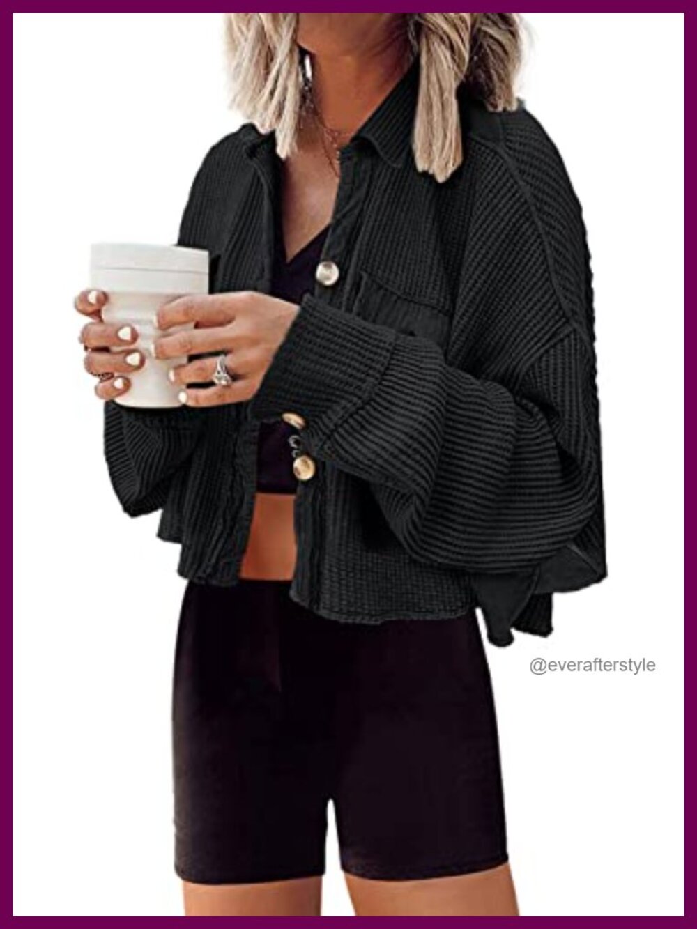 Waffle Knit Cropped Cardigan Jacket Oversized Shacket Women